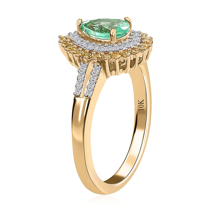 Luxoro 10K Yellow Gold Premium Boyaca Colombian Emerald and Moissanite, I3 Natural Yellow Diamond Double Halo Ring (Size 9.0) 1.00 ctw