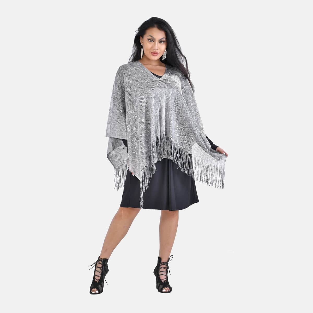 Silver Stylish Party Poncho with Fringe (19.69x51.19) image number 0
