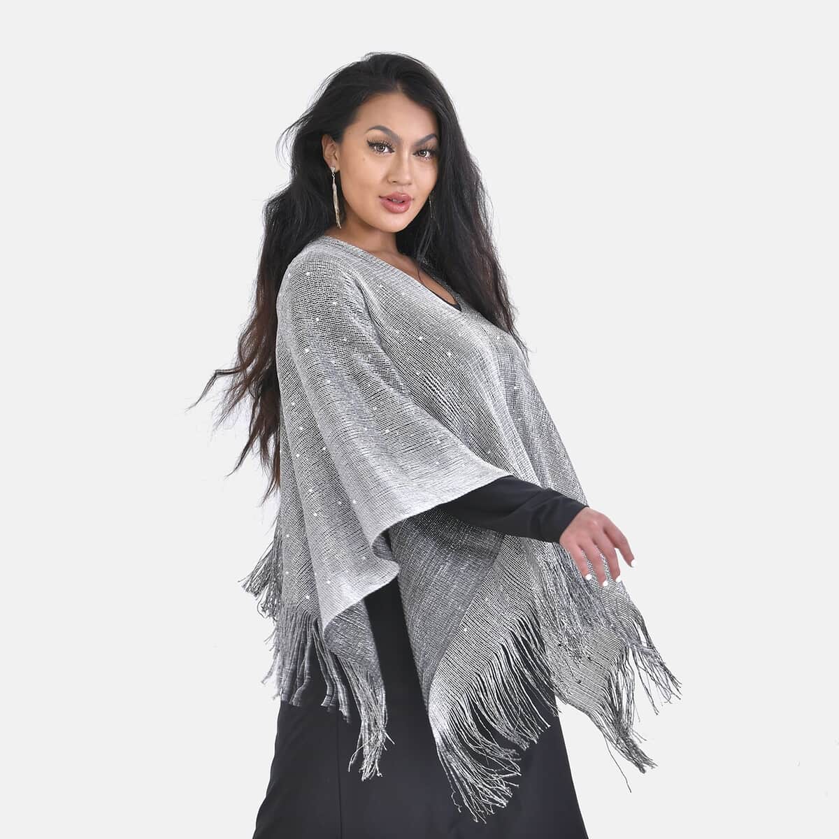 Silver Stylish Party Poncho with Fringe (19.69x51.19) image number 1