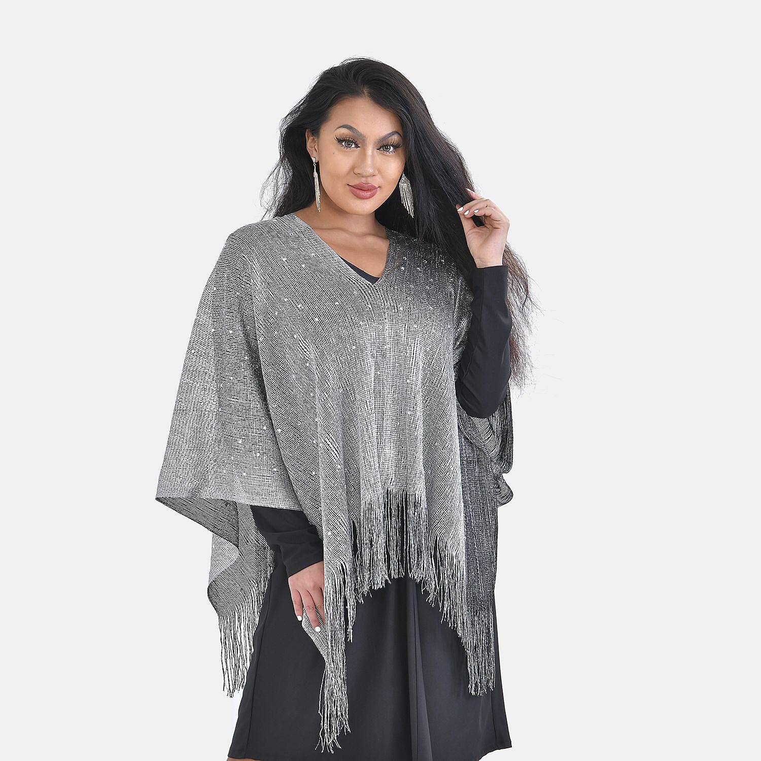 Silver Stylish Party Poncho with Fringe (19.69x51.19)