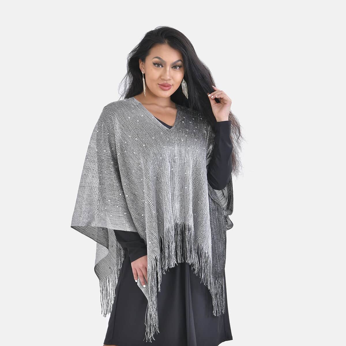 Silver Stylish Party Poncho with Fringe (19.69x51.19) image number 2