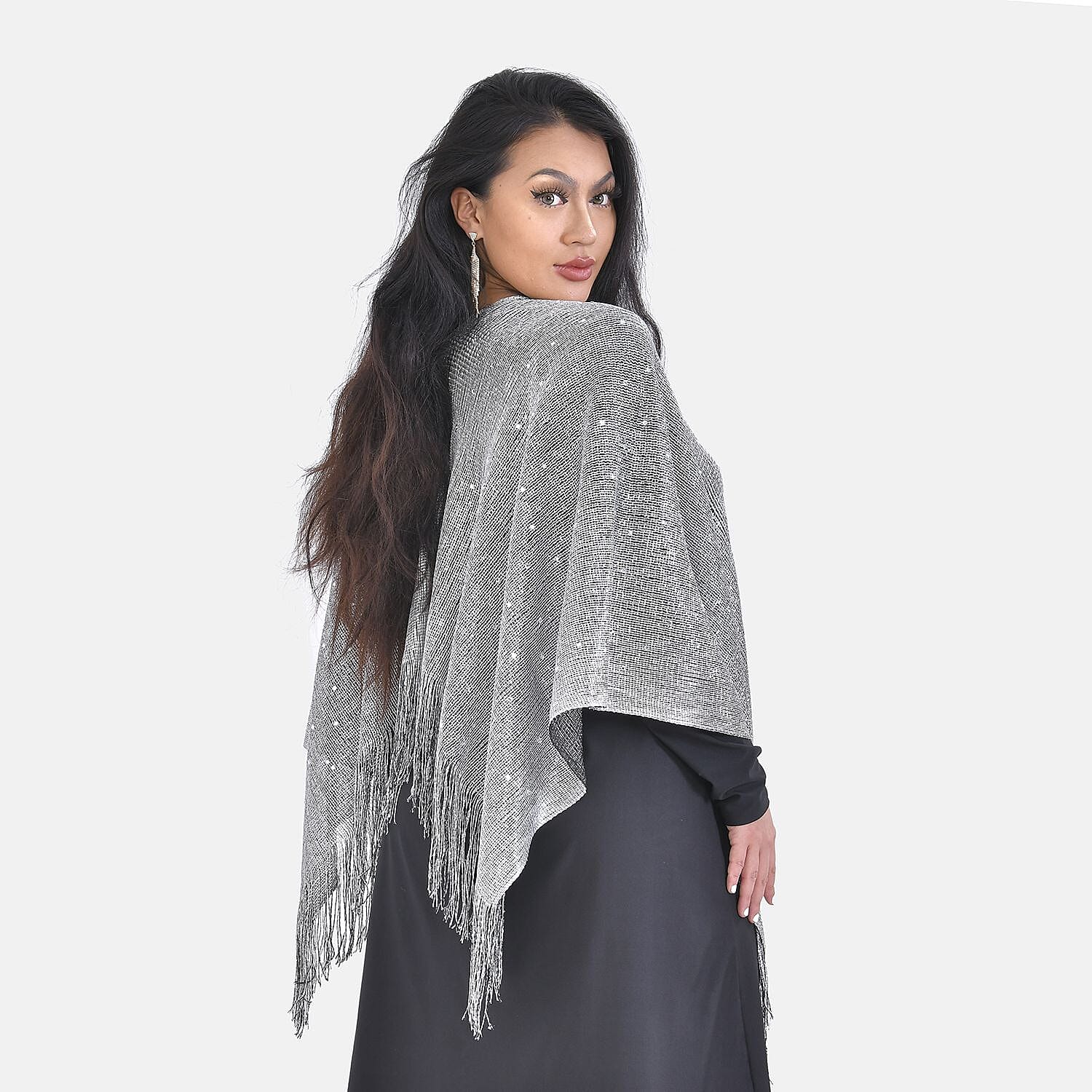 Silver Stylish Party Poncho with Fringe (19.69x51.19)