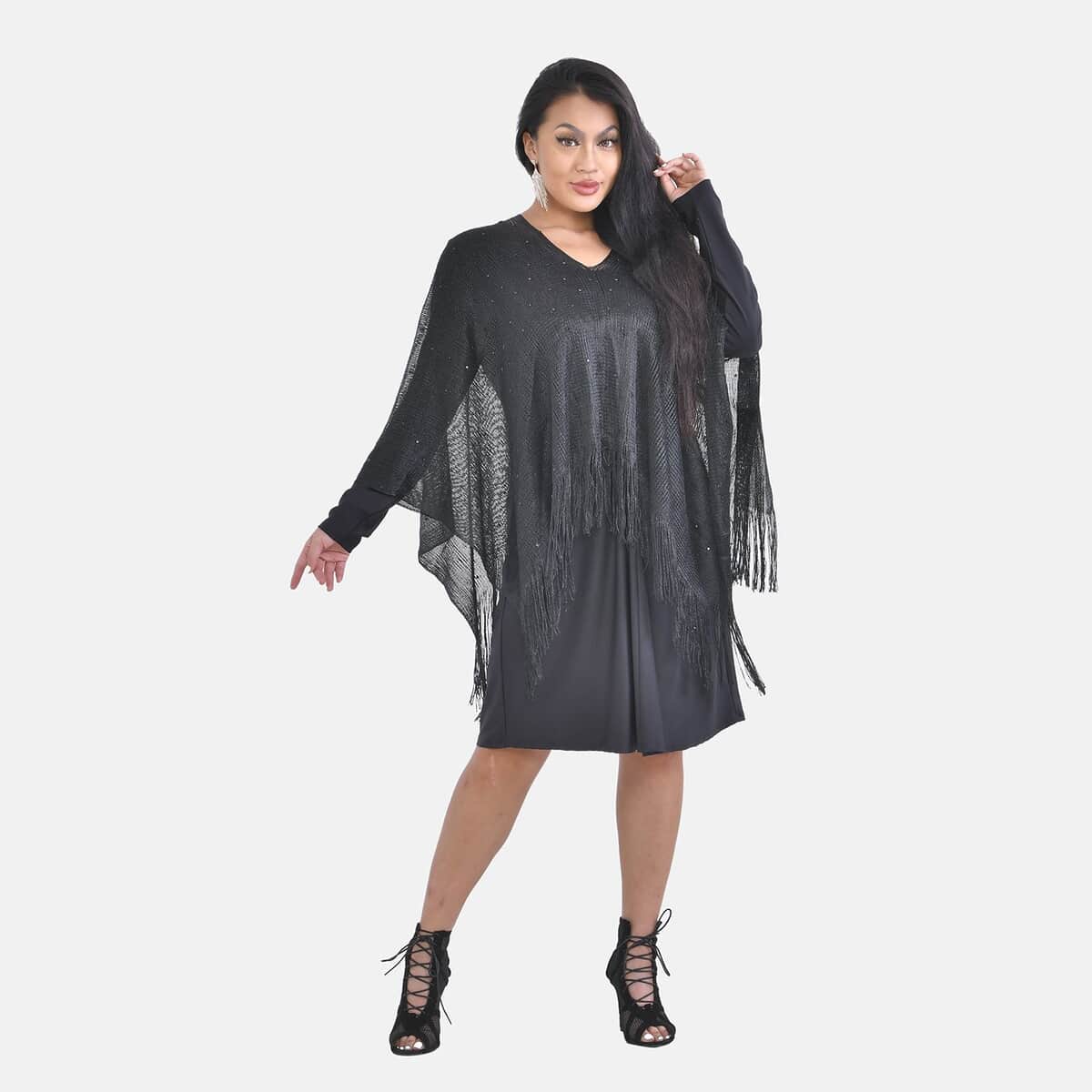 Black Stylish Party Poncho with Fringes  image number 0