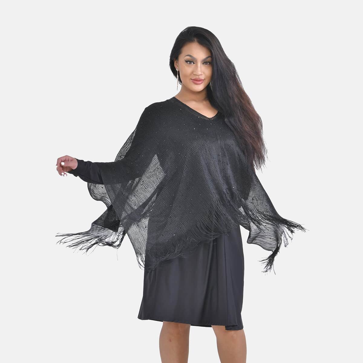 Black Stylish Party Poncho with Fringes  image number 1