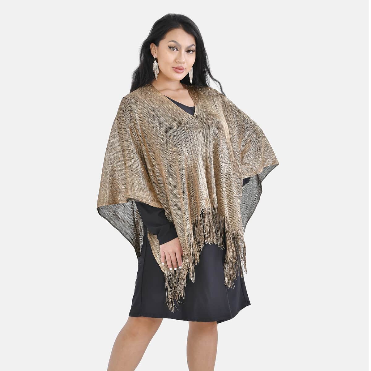 Gold Color Stylish Party Poncho with Fringe image number 2