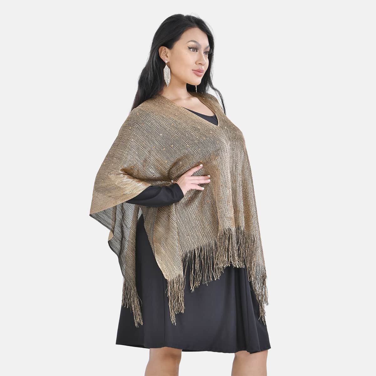 Gold Color Stylish Party Poncho with Fringe image number 3