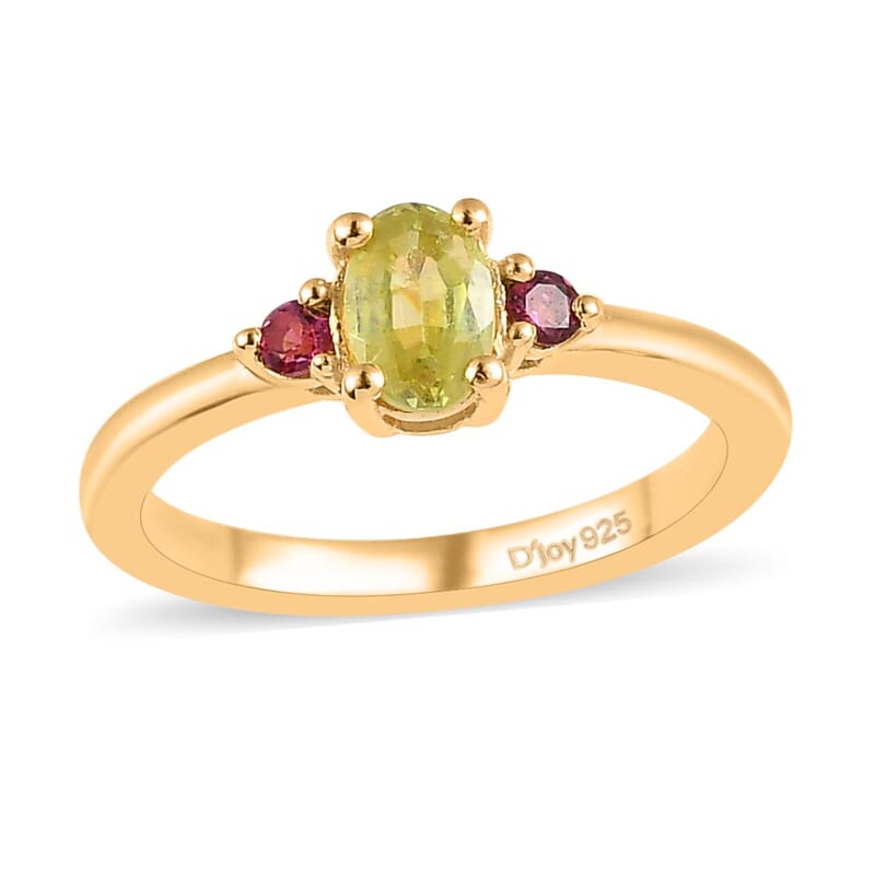 Premium Sava Sphene and Ouro Fino Rubellite 3 Stone Ring in Vermeil Yellow Gold Over Sterling Silver (Size 10.0) 0.60 ctw