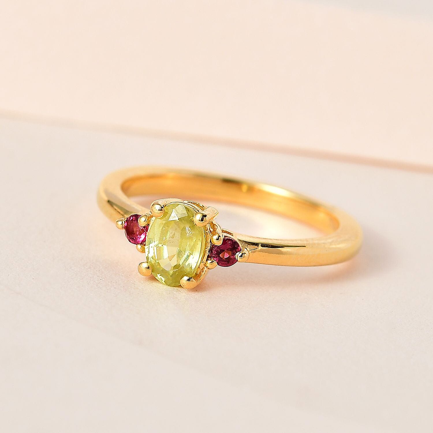 Premium Sava Sphene and Ouro Fino Rubellite 3 Stone Ring in Vermeil Yellow Gold Over Sterling Silver (Size 10.0) 0.60 ctw