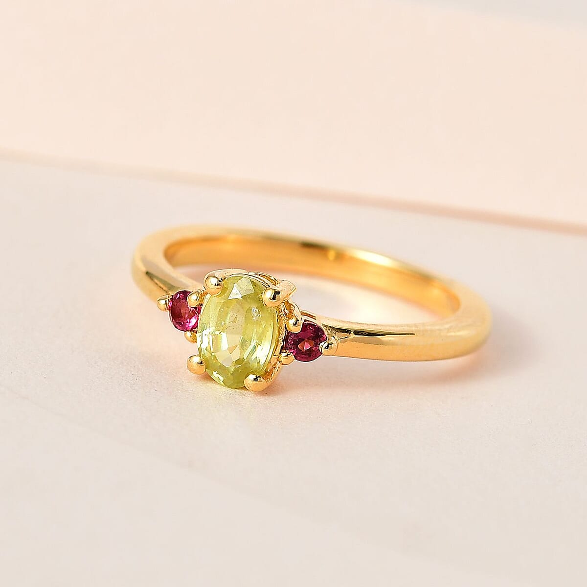 Premium Sava Sphene and Ouro Fino Rubellite 3 Stone Ring in Vermeil Yellow Gold Over Sterling Silver 0.60 ctw image number 1