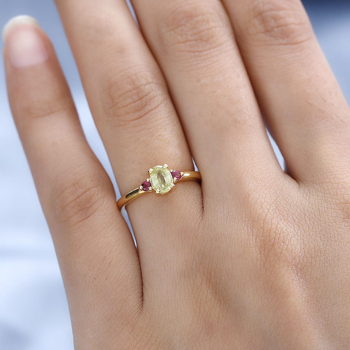 Premium Sava Sphene and Ouro Fino Rubellite 3 Stone Ring in Vermeil Yellow Gold Over Sterling Silver 0.60 ctw image number 2