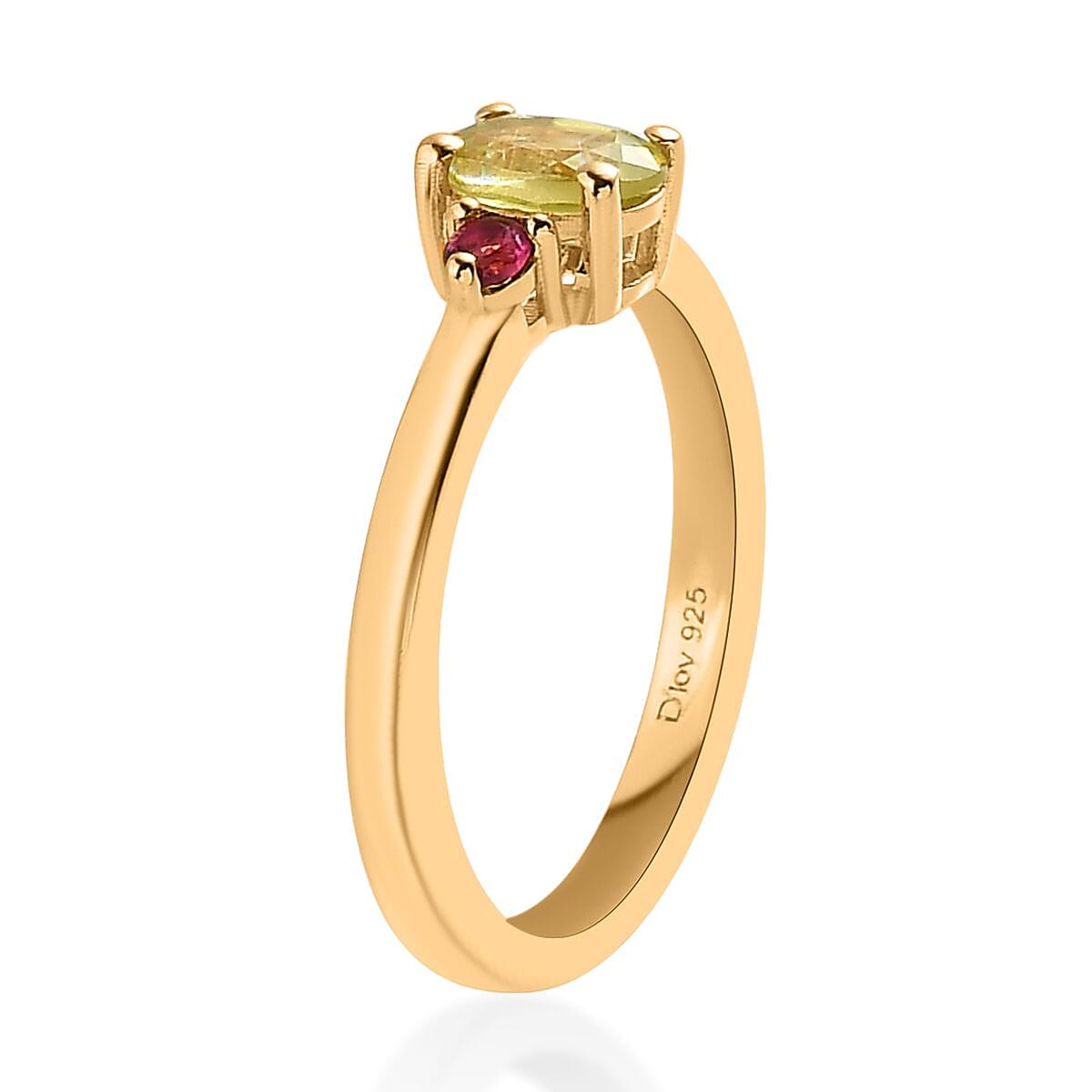 Premium Sava Sphene and Ouro Fino Rubellite 3 Stone Ring in Vermeil Yellow Gold Over Sterling Silver (Size 10.0) 0.60 ctw