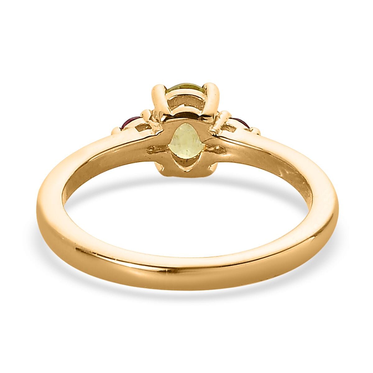 Premium Sava Sphene and Ouro Fino Rubellite 3 Stone Ring in Vermeil Yellow Gold Over Sterling Silver (Size 10.0) 0.60 ctw