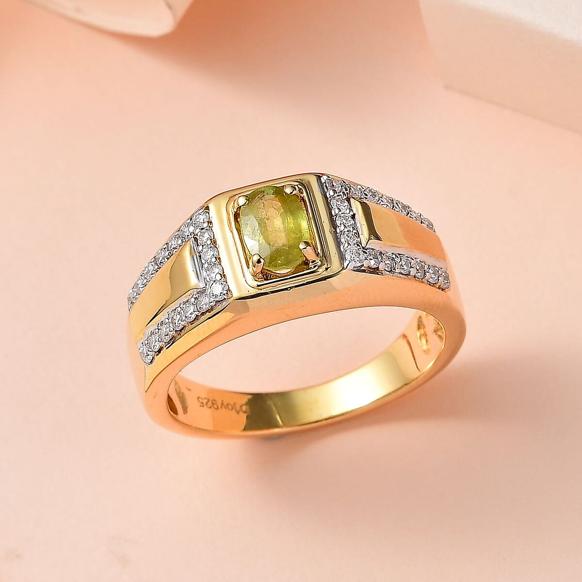 Premium Sava Sphene and Moissanite Men's Ring in Vermeil Yellow Gold Over Sterling Silver 0.90 ctw image number 1