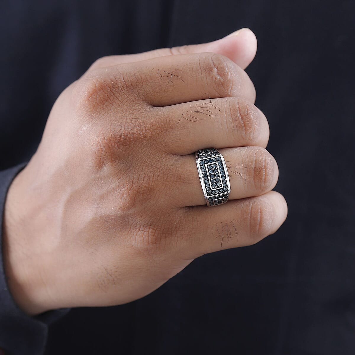 Blue Diamond Men's Ring in Platinum Over Sterling Silver (Size 13.0) 1.00 ctw image number 2
