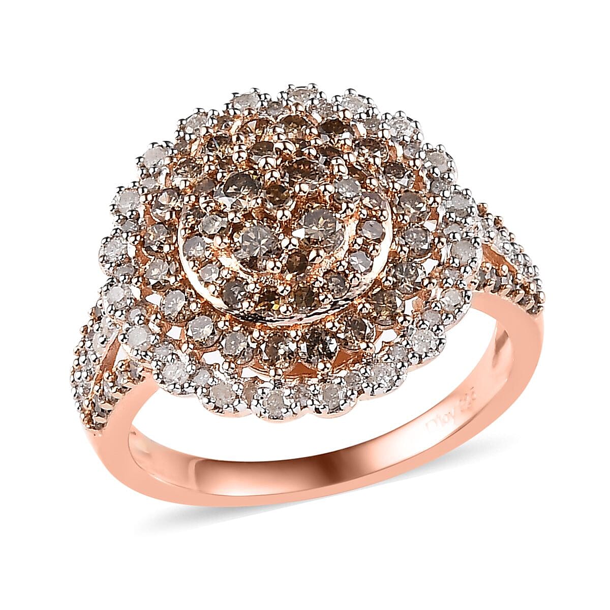 Natural Champagne and White Diamond Floral Ring in Vermeil Rose Gold Over Sterling Silver (Size 10.0) 1.50 ctw