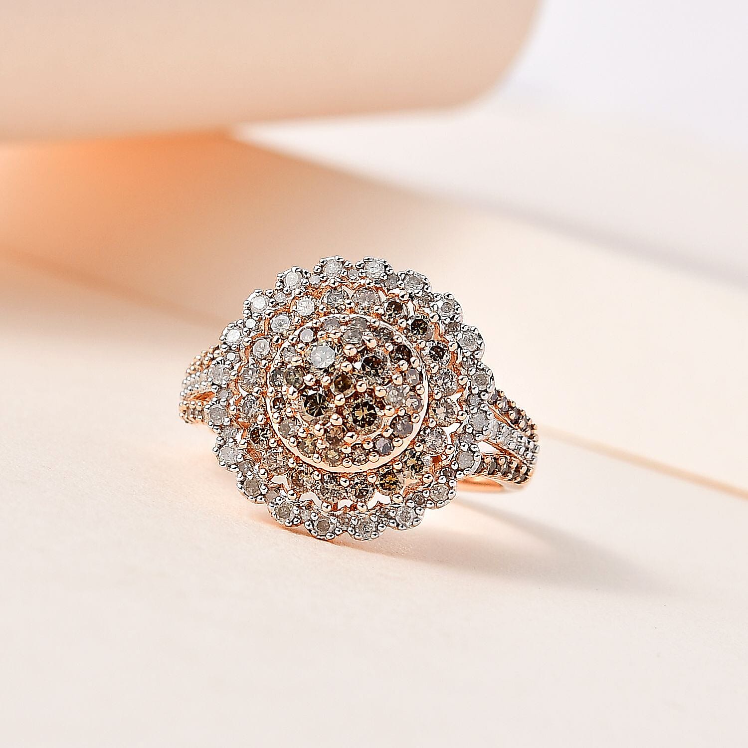 Natural Champagne and White Diamond Floral Ring in Vermeil Rose Gold Over Sterling Silver (Size 10.0) 1.50 ctw