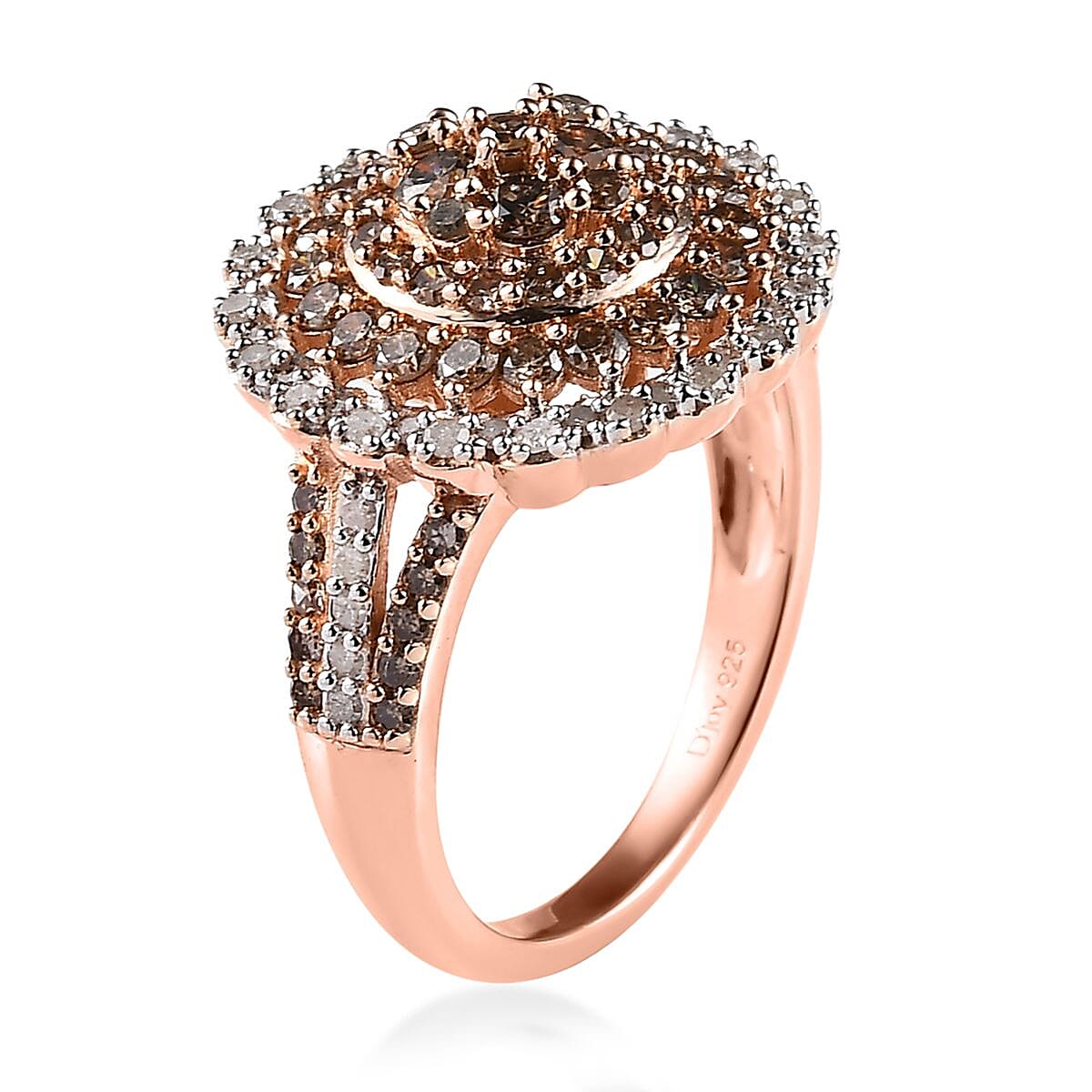 Natural Champagne and White Diamond Floral Ring in Vermeil Rose Gold Over Sterling Silver (Size 10.0) 1.50 ctw