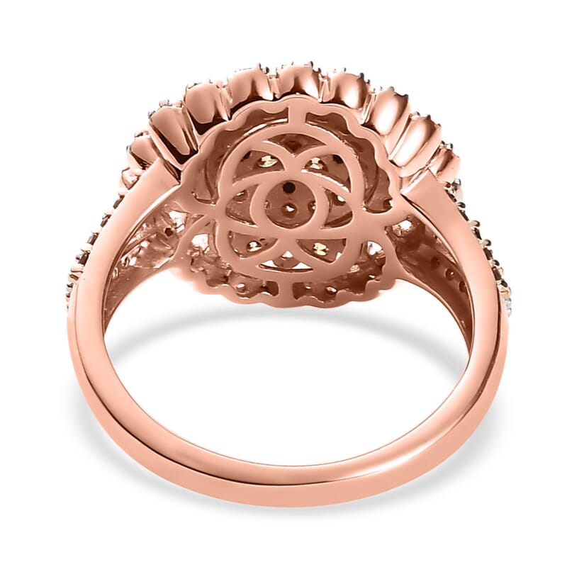 Natural Champagne and White Diamond Floral Ring in Vermeil Rose Gold Over Sterling Silver (Size 10.0) 1.50 ctw