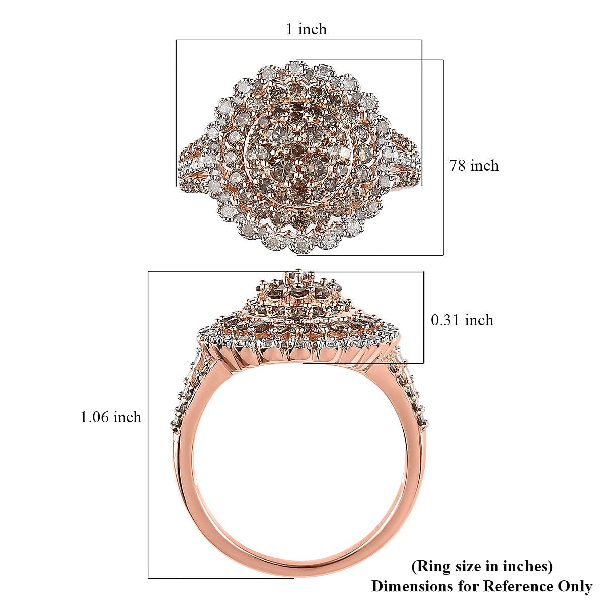 Natural Champagne and White Diamond Floral Ring in Vermeil Rose Gold Over Sterling Silver (Size 10.0) 1.50 ctw