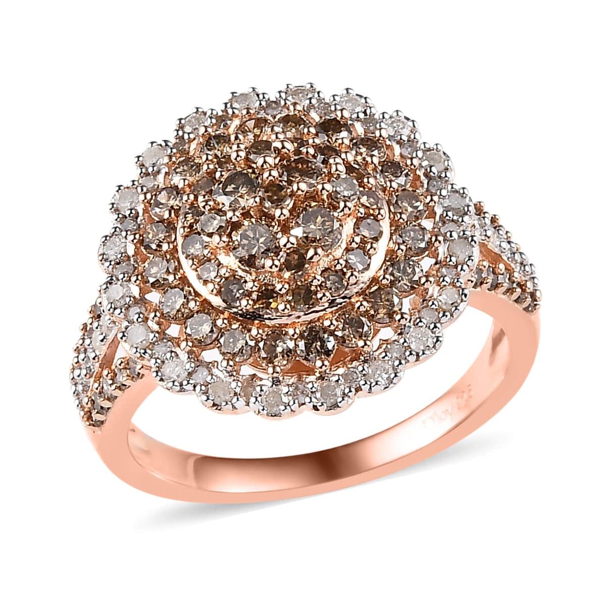 Natural Champagne and White Diamond Floral Ring in Vermeil Rose Gold Over Sterling Silver (Size 7.0) 1.50 ctw image number 0