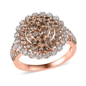 Natural Champagne and White Diamond Floral Ring in Vermeil Rose Gold Over Sterling Silver (Size 7.0) 1.50 ctw
