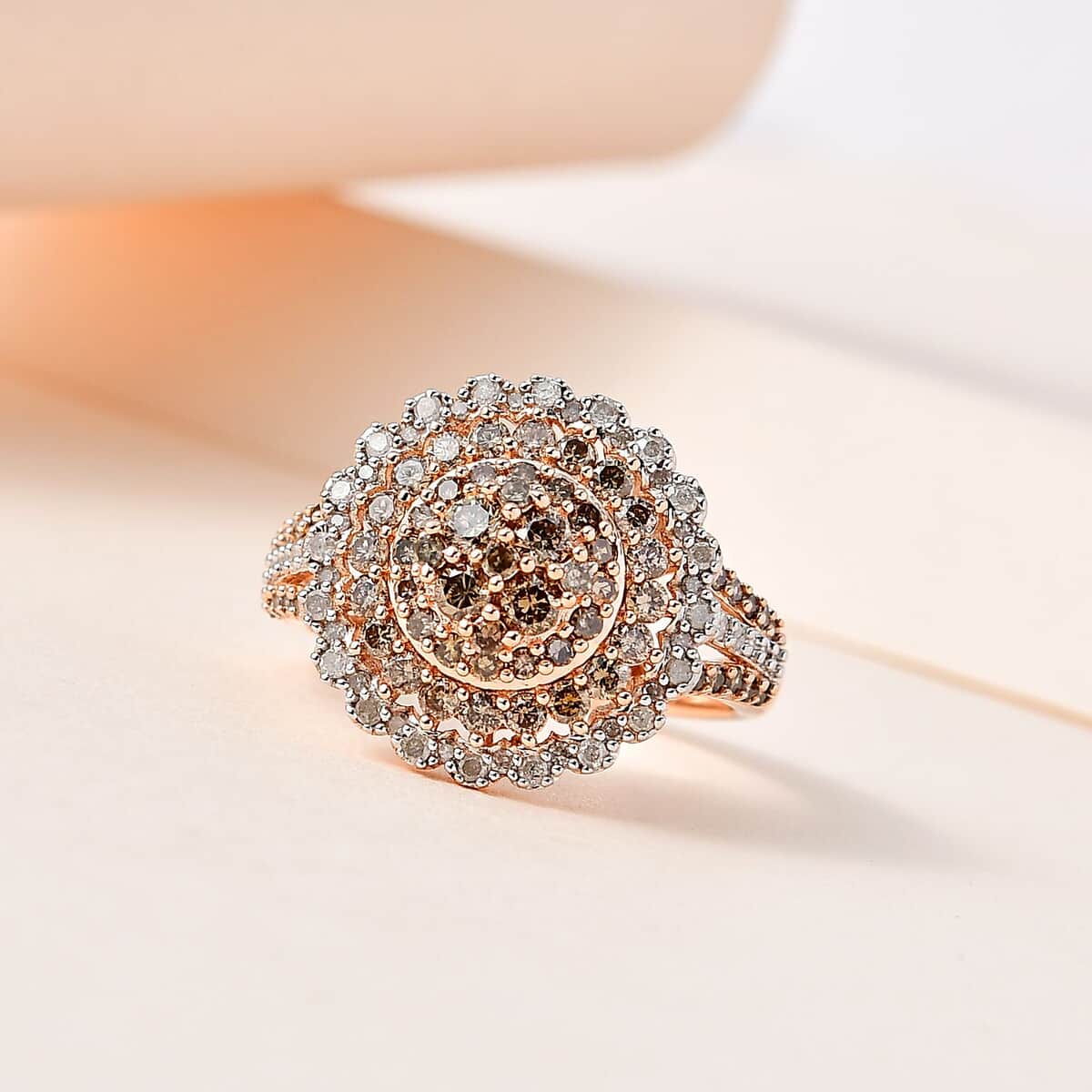Natural Champagne and White Diamond Floral Ring in Vermeil Rose Gold Over Sterling Silver (Size 7.0) 1.50 ctw image number 1