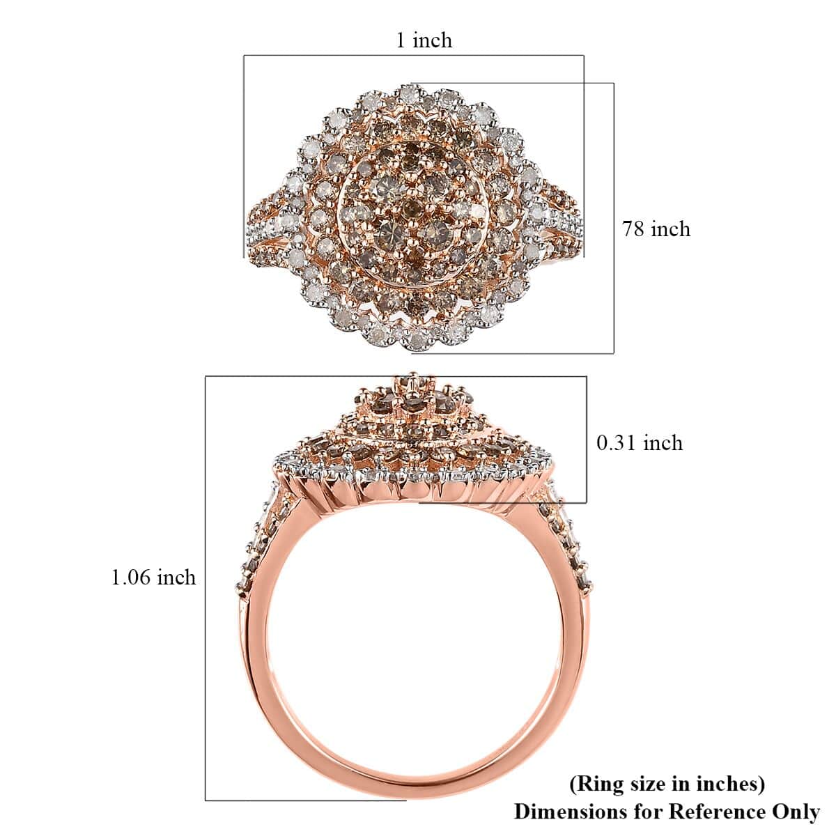 Natural Champagne and White Diamond Floral Ring in Vermeil Rose Gold Over Sterling Silver (Size 7.0) 1.50 ctw image number 5