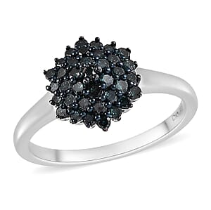 Blue Diamond Floral Ring in Platinum Over Sterling Silver (Size 6.0) 0.50 ctw