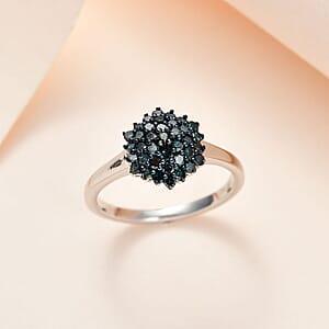 Blue Diamond Floral Ring in Platinum Over Sterling Silver (Size 6.0) 0.50 ctw