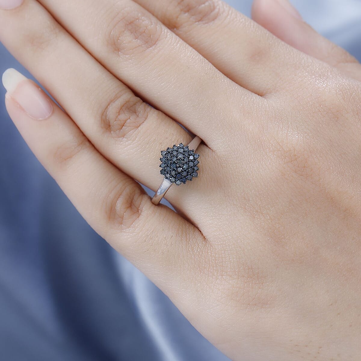 Blue Diamond Floral Ring in Platinum Over Sterling Silver (Size 6.0) 0.50 ctw image number 2