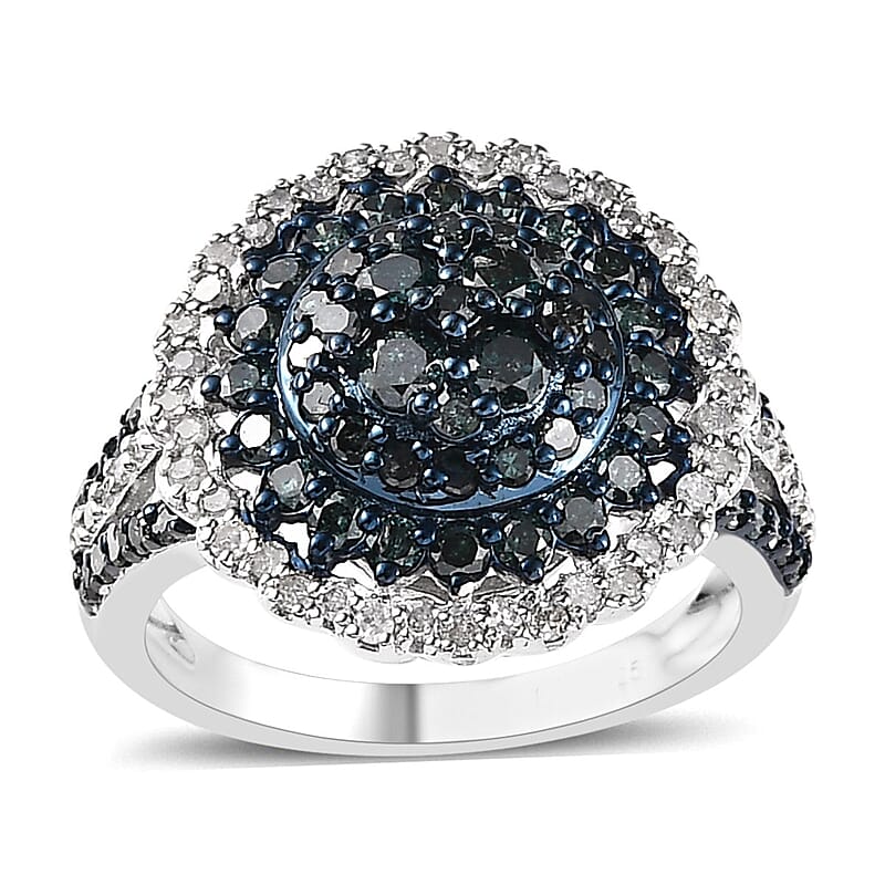Blue and White Diamond Floral Ring in Platinum Over Sterling Silver (Size 10.0) 1.50 ctw