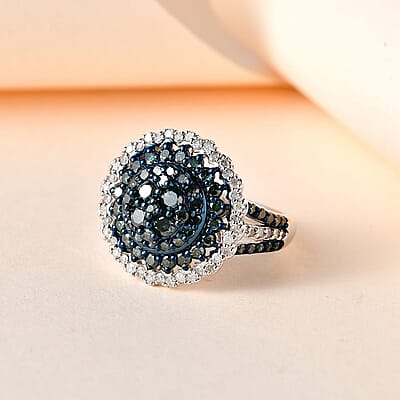 Blue and White Diamond Floral Ring in Platinum Over Sterling Silver (Size 10.0) 1.50 ctw