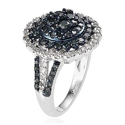 Blue and White Diamond Floral Ring in Platinum Over Sterling Silver (Size 10.0) 1.50 ctw