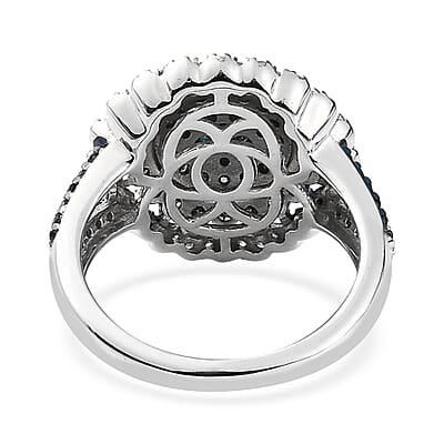 Blue and White Diamond Floral Ring in Platinum Over Sterling Silver (Size 10.0) 1.50 ctw