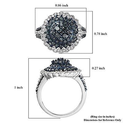 Blue and White Diamond Floral Ring in Platinum Over Sterling Silver (Size 10.0) 1.50 ctw