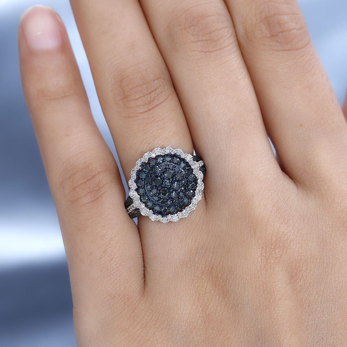 Blue and White Diamond Floral Ring in Platinum Over Sterling Silver (Size 6.0) 1.50 ctw image number 2