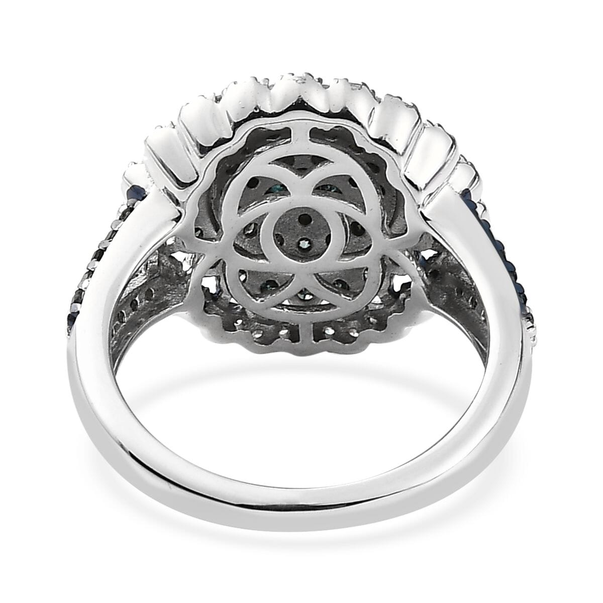 Blue and White Diamond Floral Ring in Platinum Over Sterling Silver (Size 6.0) 1.50 ctw image number 4