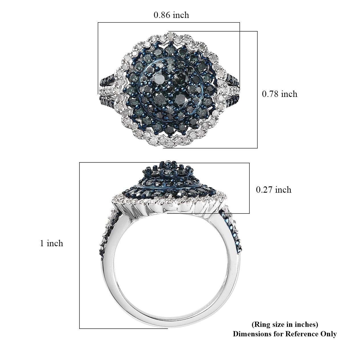 Blue and White Diamond Floral Ring in Platinum Over Sterling Silver (Size 6.0) 1.50 ctw image number 5