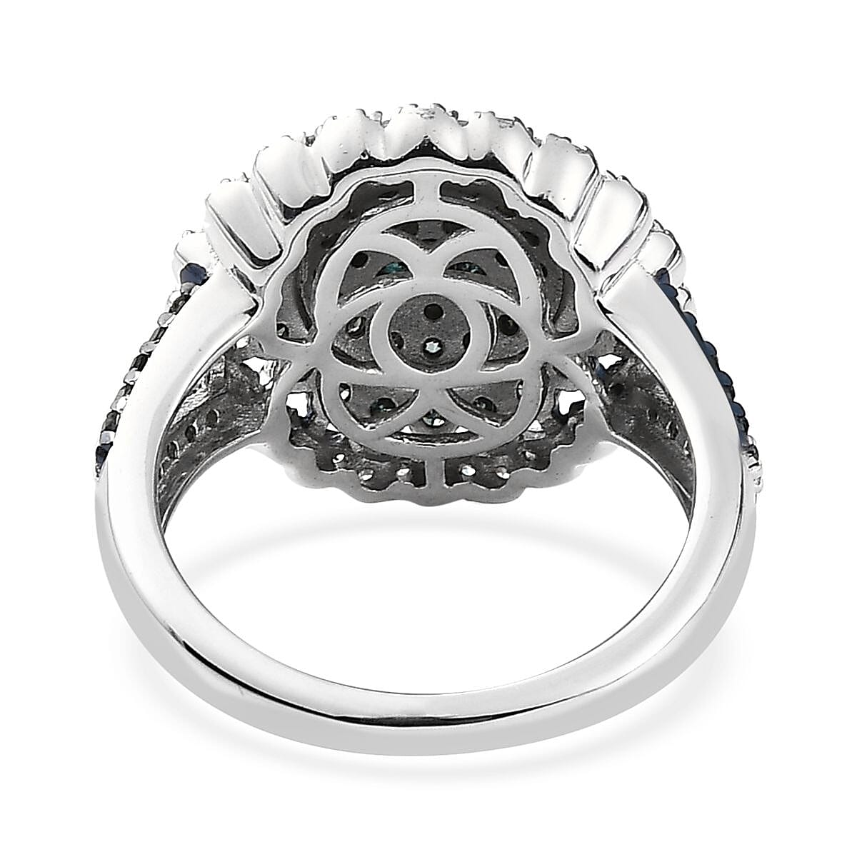 Blue and White Diamond Floral Ring in Platinum Over Sterling Silver (Size 7.0) 1.50 ctw image number 4