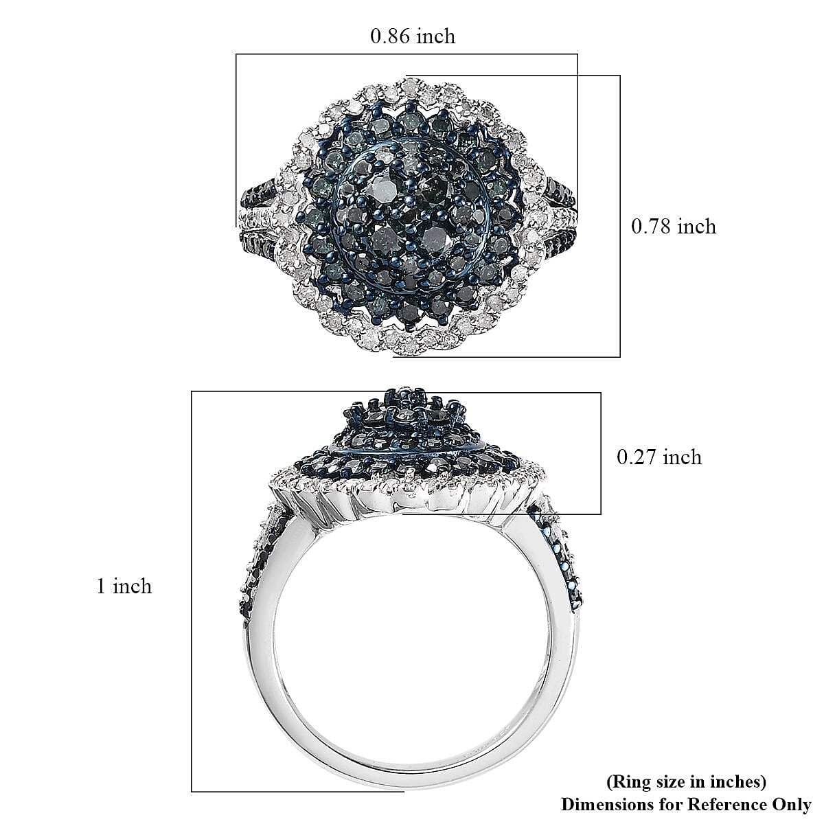 Blue and White Diamond Floral Ring in Platinum Over Sterling Silver (Size 7.0) 1.50 ctw image number 5