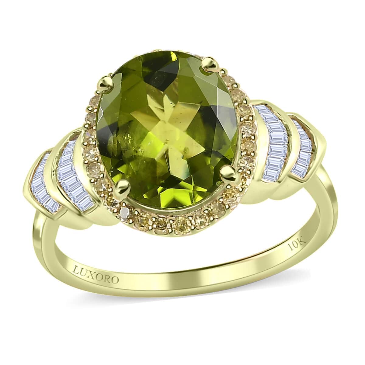 Luxoro 10K Green Gold Premium Peridot and I3 Natural Yellow and White Diamond Ring (Size 10.0) 3.90 ctw image number 0