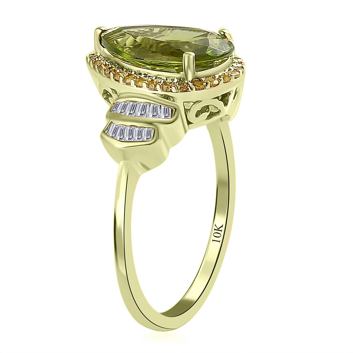 Luxoro 10K Green Gold Premium Peridot, I3 Natural Yellow and White Diamond Ring (Size 8.0) 3.50 ctw image number 3