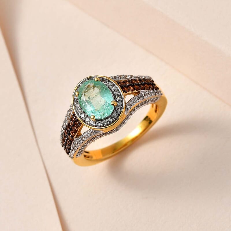Boyaca Colombian Emerald, Brown and White Zircon Halo Ring in Vermeil Yellow Gold Over Sterling Silver (Size 6.0) 2.25 ctw