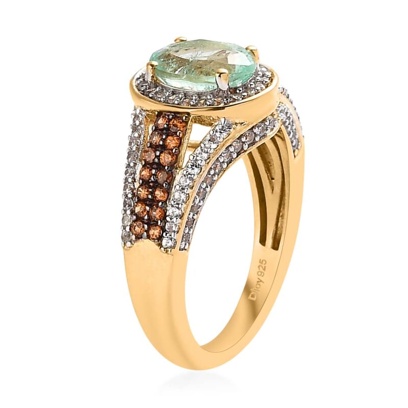 Boyaca Colombian Emerald, Brown and White Zircon Halo Ring in Vermeil Yellow Gold Over Sterling Silver (Size 6.0) 2.25 ctw