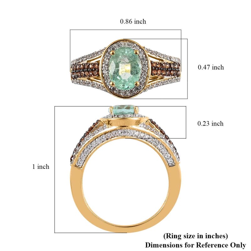 Boyaca Colombian Emerald, Brown and White Zircon Halo Ring in Vermeil Yellow Gold Over Sterling Silver (Size 6.0) 2.25 ctw