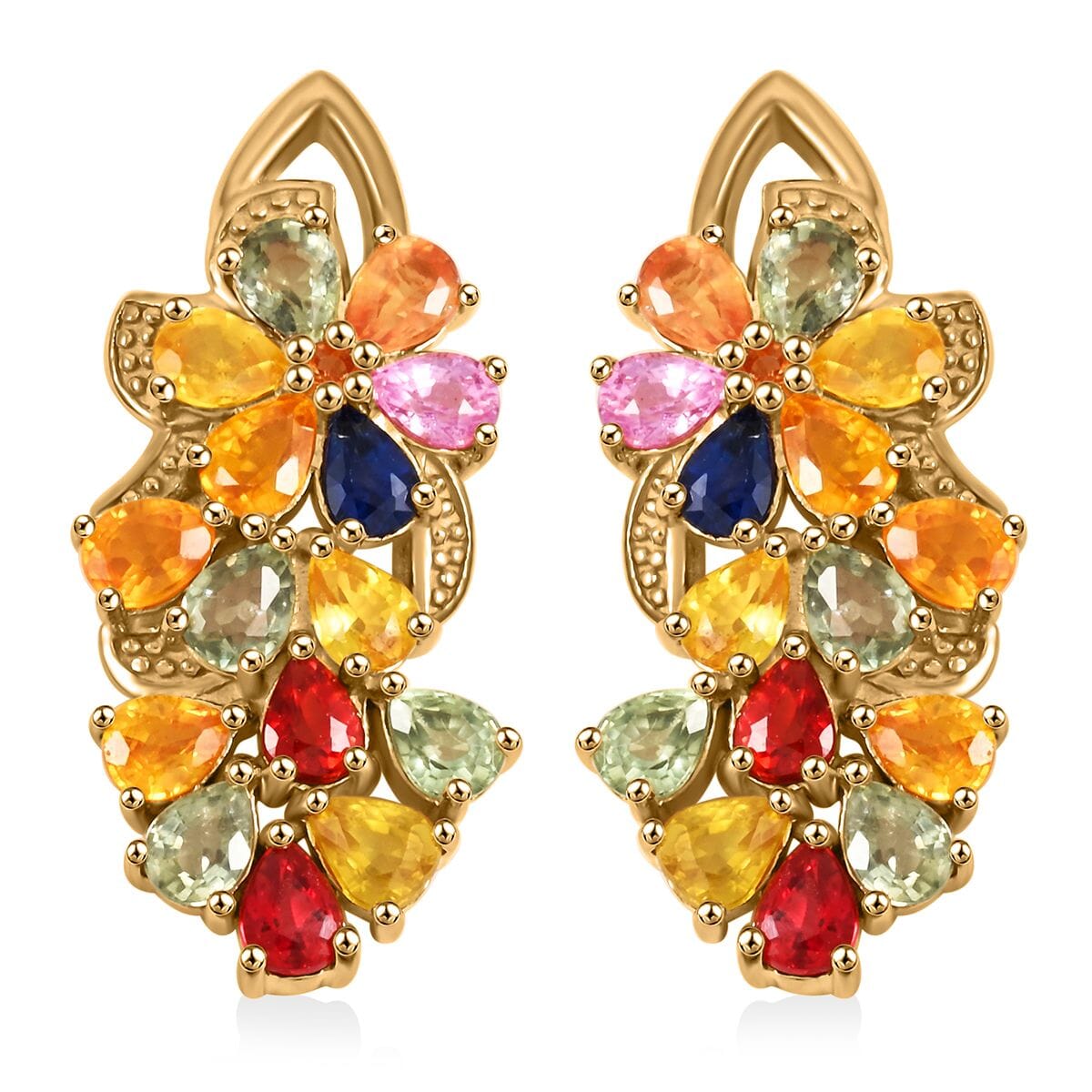 Rainbow Sapphire 5.60 ctw Floral Earrings in Vermeil Yellow Gold Over Sterling Silver image number 0