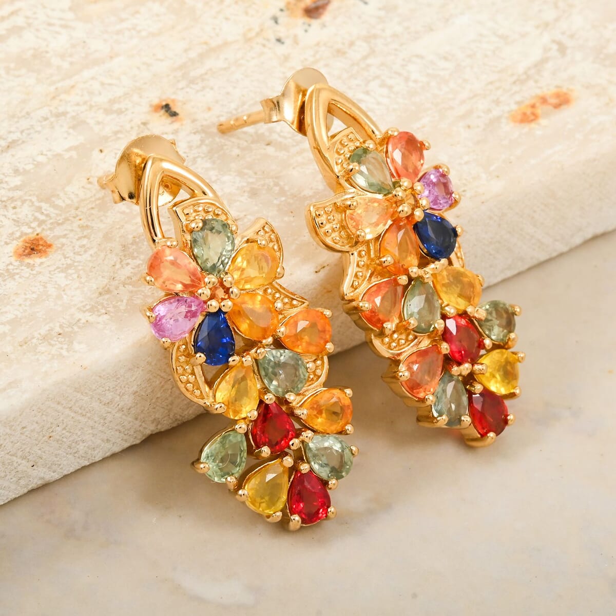 Rainbow Sapphire 5.60 ctw Floral Earrings in Vermeil Yellow Gold Over Sterling Silver image number 1
