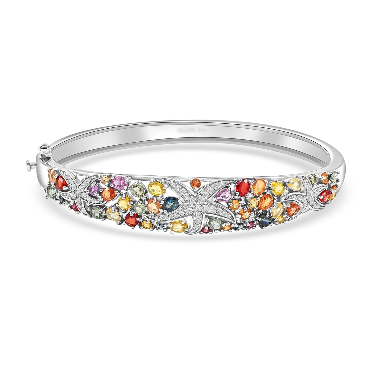 Rainbow Sapphire and White Zircon 7.30 ctw Starfish Bangle Bracelet in Rhodium Over Sterling Silver (7.50 In) image number 0