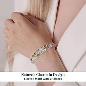 Rainbow Sapphire and White Zircon 7.30 ctw Starfish Bangle Bracelet in Rhodium Over Sterling Silver (7.50 In)