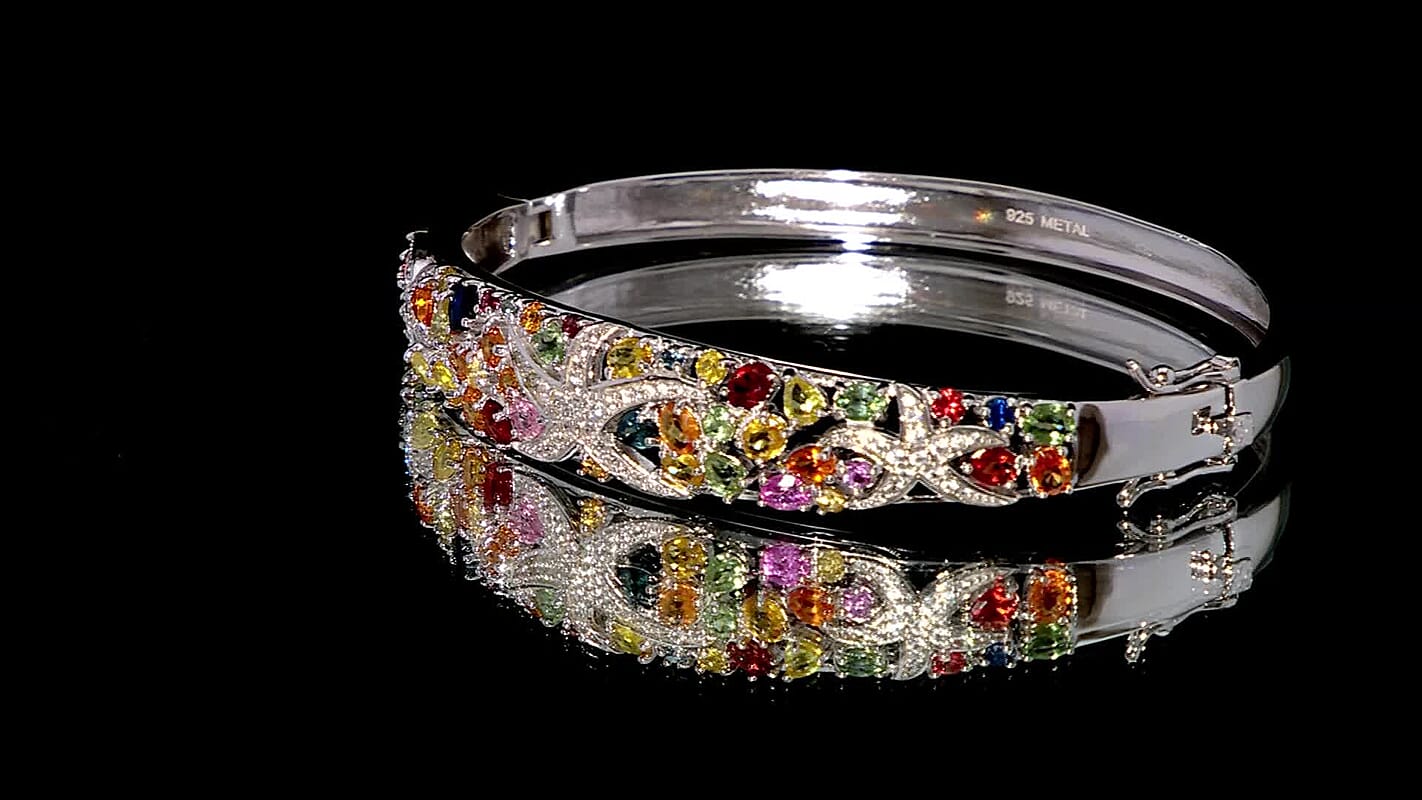 Rainbow Sapphire and White Zircon 7.30 ctw Starfish Bangle Bracelet in Rhodium Over Sterling Silver (7.50 In)